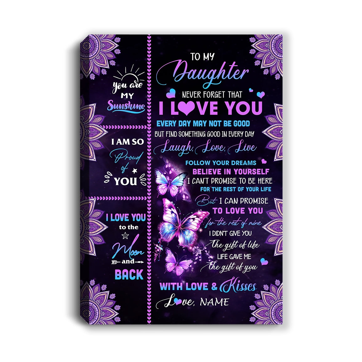 Personalized To My Daughter Canvas From Mom Dad Never Forget That I Love You Butterfly Daughter Birthday Gifts Graduation Christmas Custom Wall Art Print Framed Canvas | siriusteestore