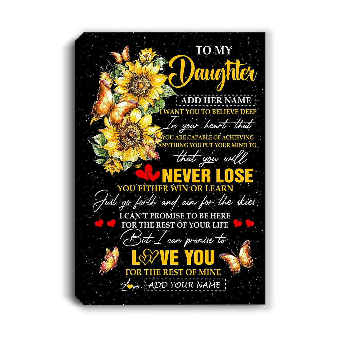 Personalized To My Daughter Canvas From Mom Dad You Will Never Lose Sunflower Daughter Birthday Gifts Graduation Christmas Custom Wall Art Print Framed Canvas | siriusteestore