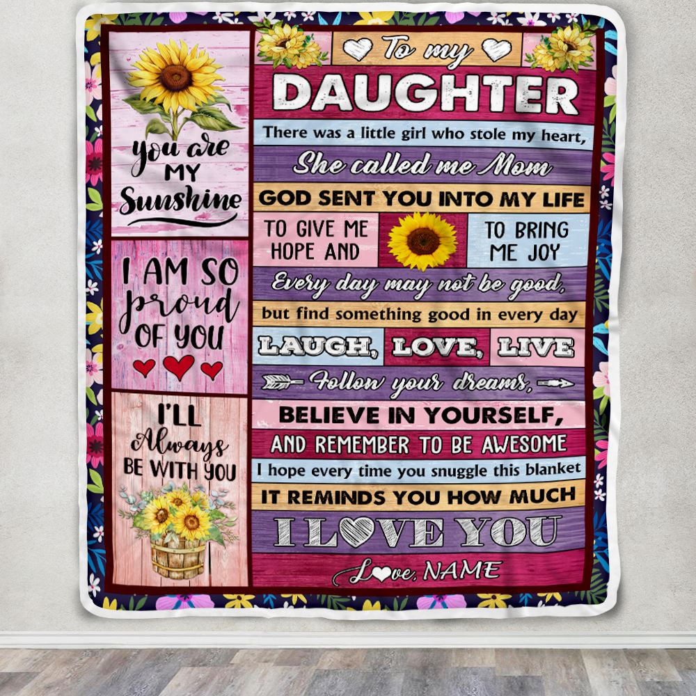 Personalized To My Daughter From Mom Blanket Wood Sunflower Little Girl Birthday Gifts Daughter Graduation Valentines Day Christmas Customized Fleece Blanket | siriusteestore