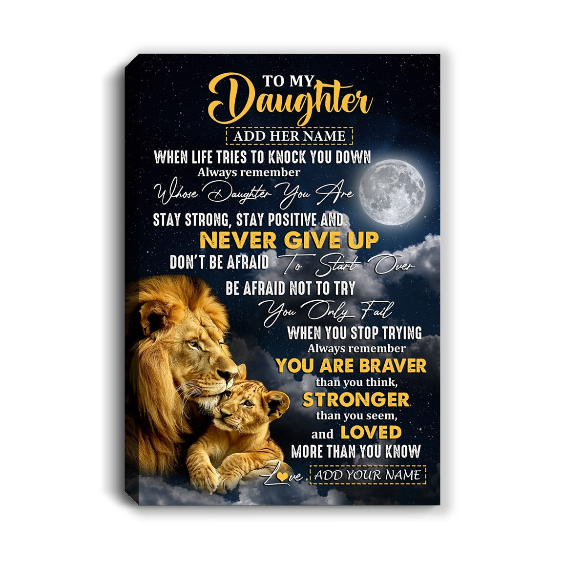 Personalized To My Daughter Gifts Canvas From Dad Mom Father Lion Never Give Up Daughter Birthday Gifts Graduation Christmas Custom Wall Art Print Framed Canvas | siriusteestore
