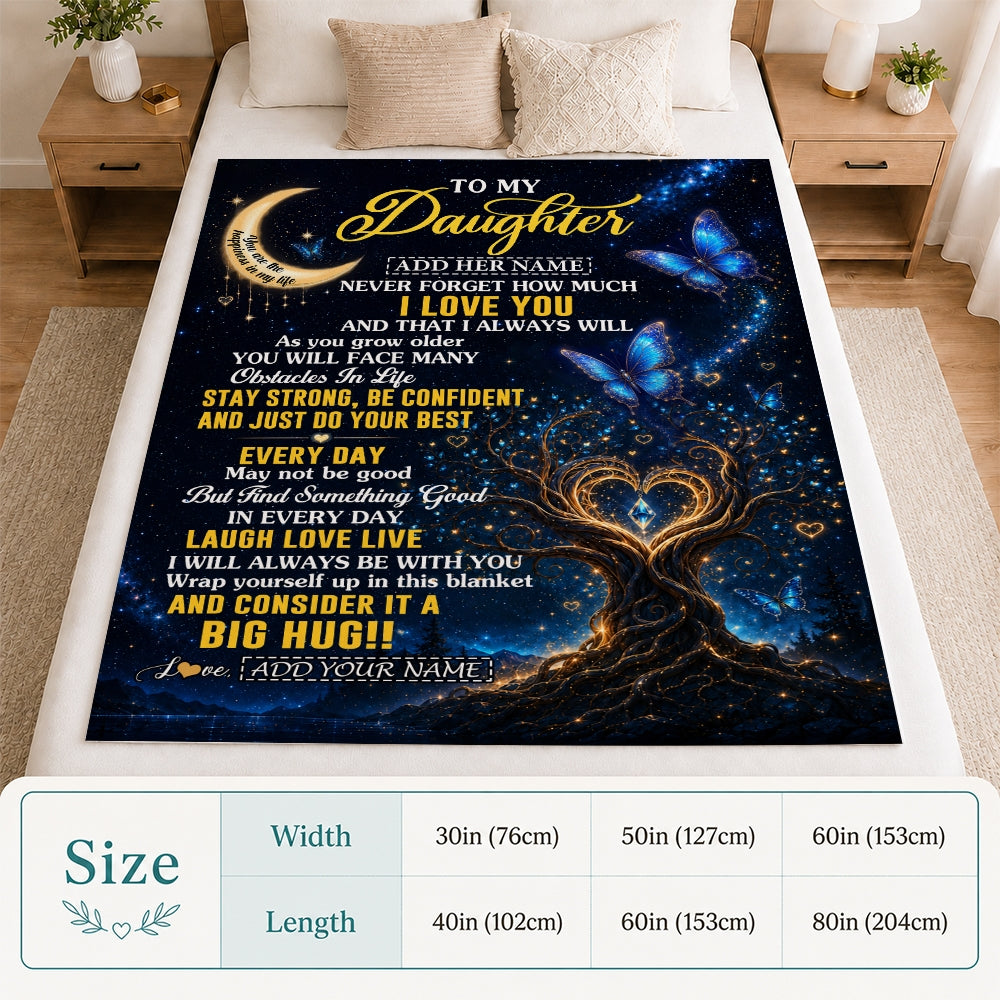Personalized To My Daughter Gifts From Mom Dad Blanket Blue Galaxy Butterfly Moon Birthday Gifts For Daughter Graduation Christmas Fleece Throw Blanket | siriusteestore