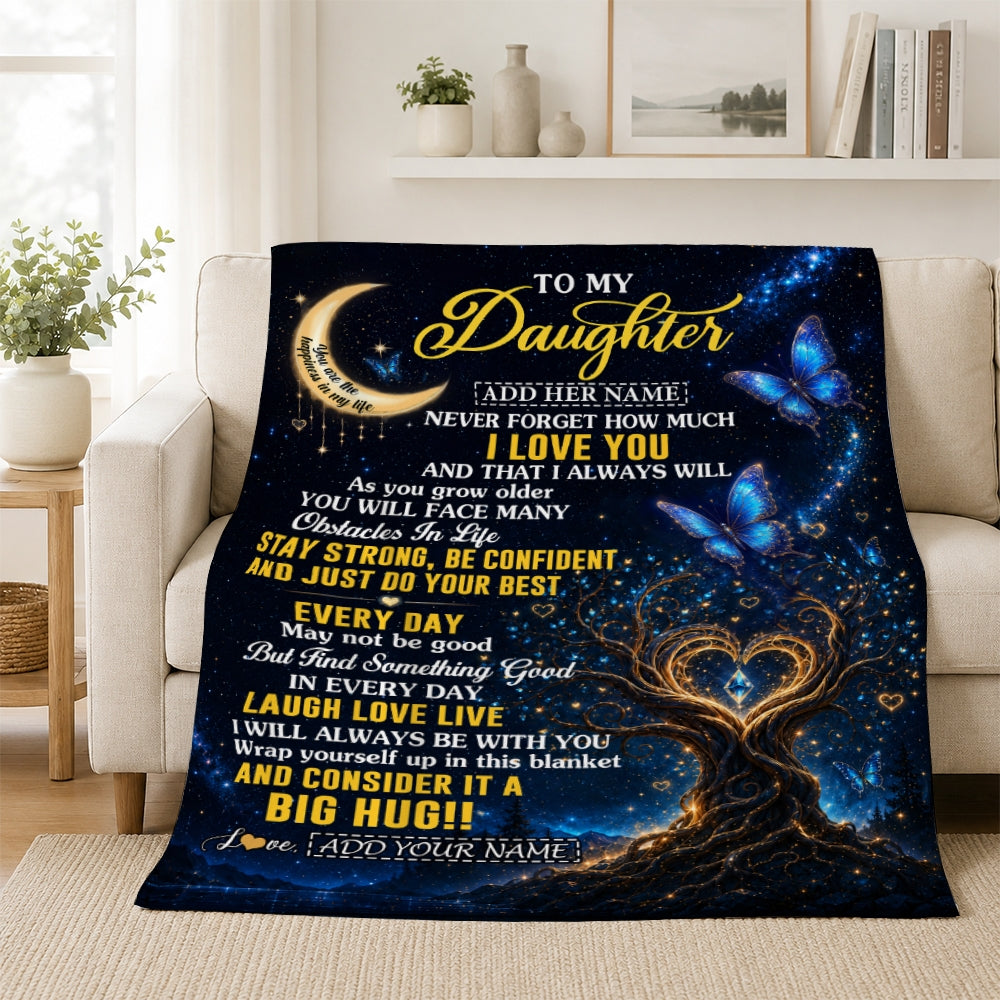 Personalized To My Daughter Gifts From Mom Dad Blanket Blue Galaxy Butterfly Moon Birthday Gifts For Daughter Graduation Christmas Fleece Throw Blanket | siriusteestore