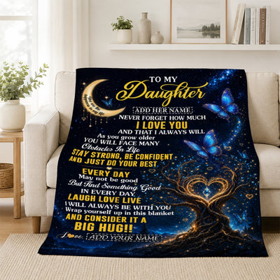 Personalized To My Daughter Gifts From Mom Dad Blanket Blue Galaxy Butterfly Moon Birthday Gifts For Daughter Graduation Christmas Fleece Throw Blanket | siriusteestore