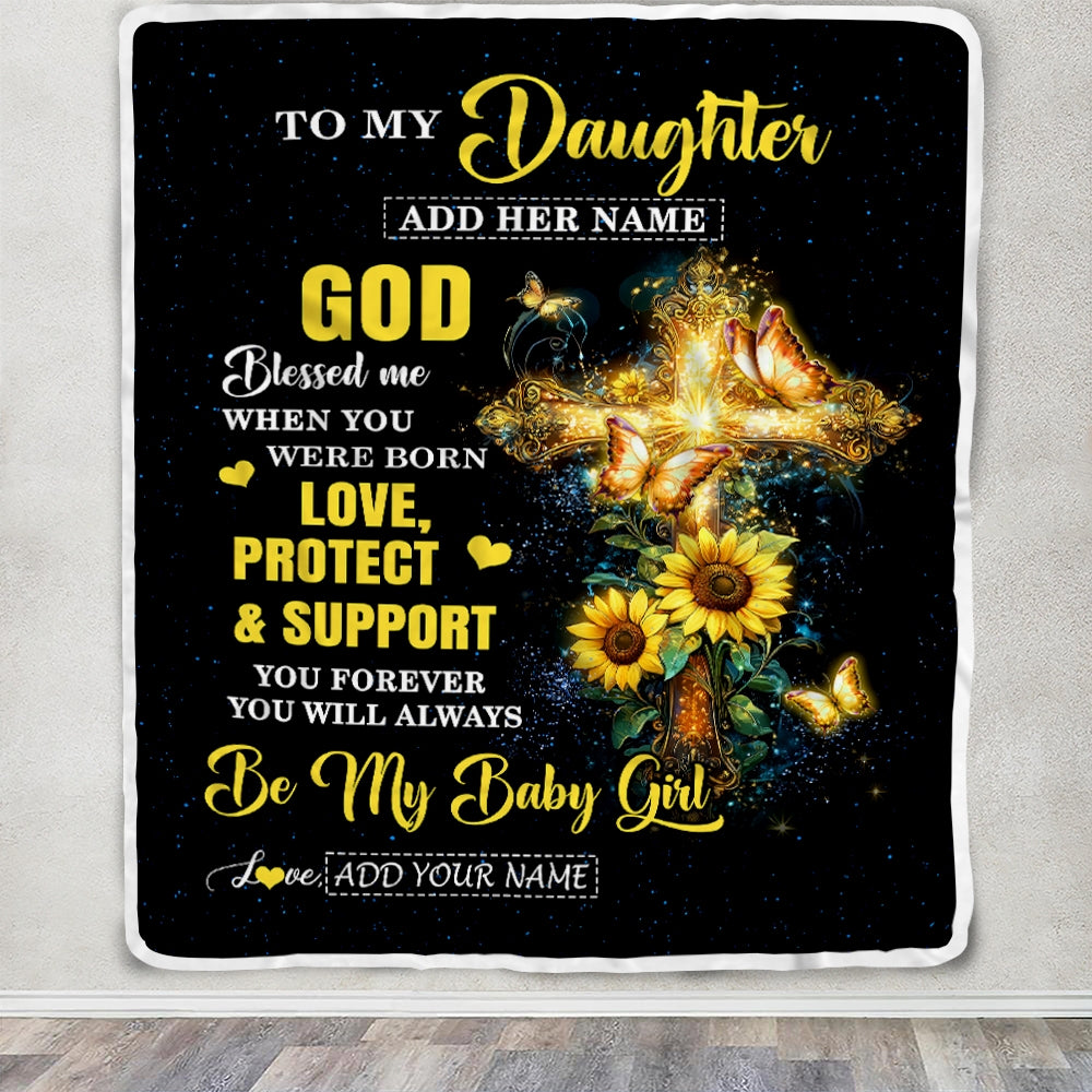 Personalized To My Daughter Gifts From Mom Dad Blanket Cross Sunflower Christian Blessed Daughter Birthday Presents Graduation Gifts Christmas Fleece Blanket | siriusteestore