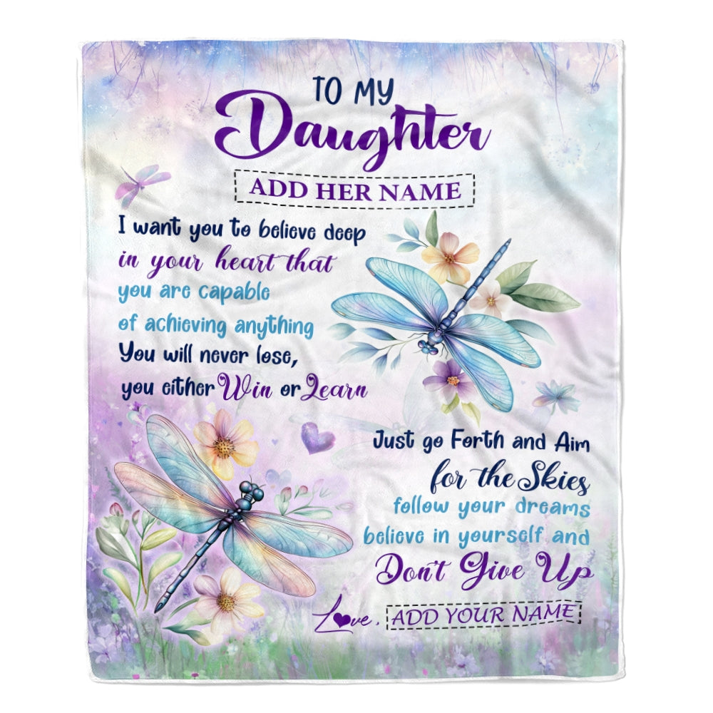 Personalized To My Daughter Gifts From Mom Dad Blanket Don't Give Up Dragonfly Gifts For Daughter Birthday Graduation Christmas Customized Fleece Blanket | siriusteestore