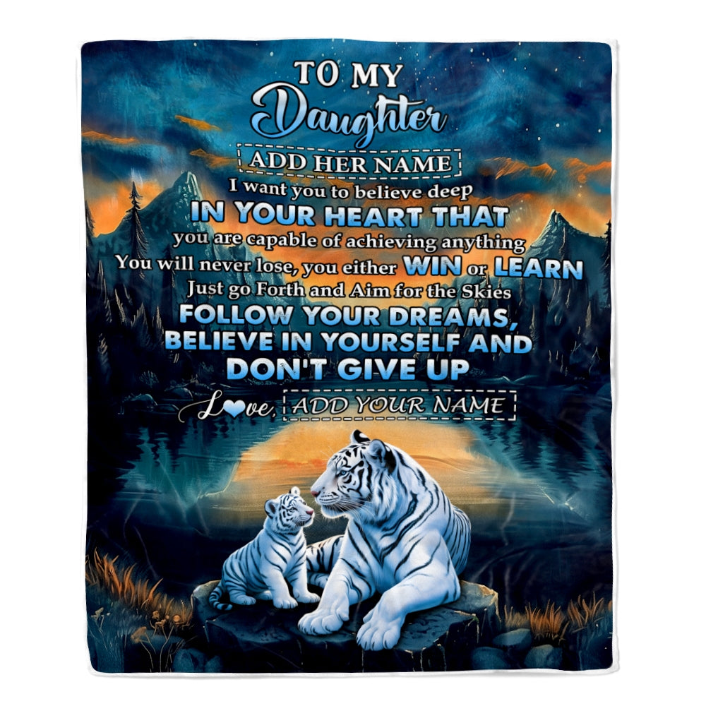 Personalized To My Daughter Gifts From Mom Dad Blanket Don't Give Up White Tiger Gifts For Daughter Birthday Graduation Christmas Customized Fleece Blanket | siriusteestore