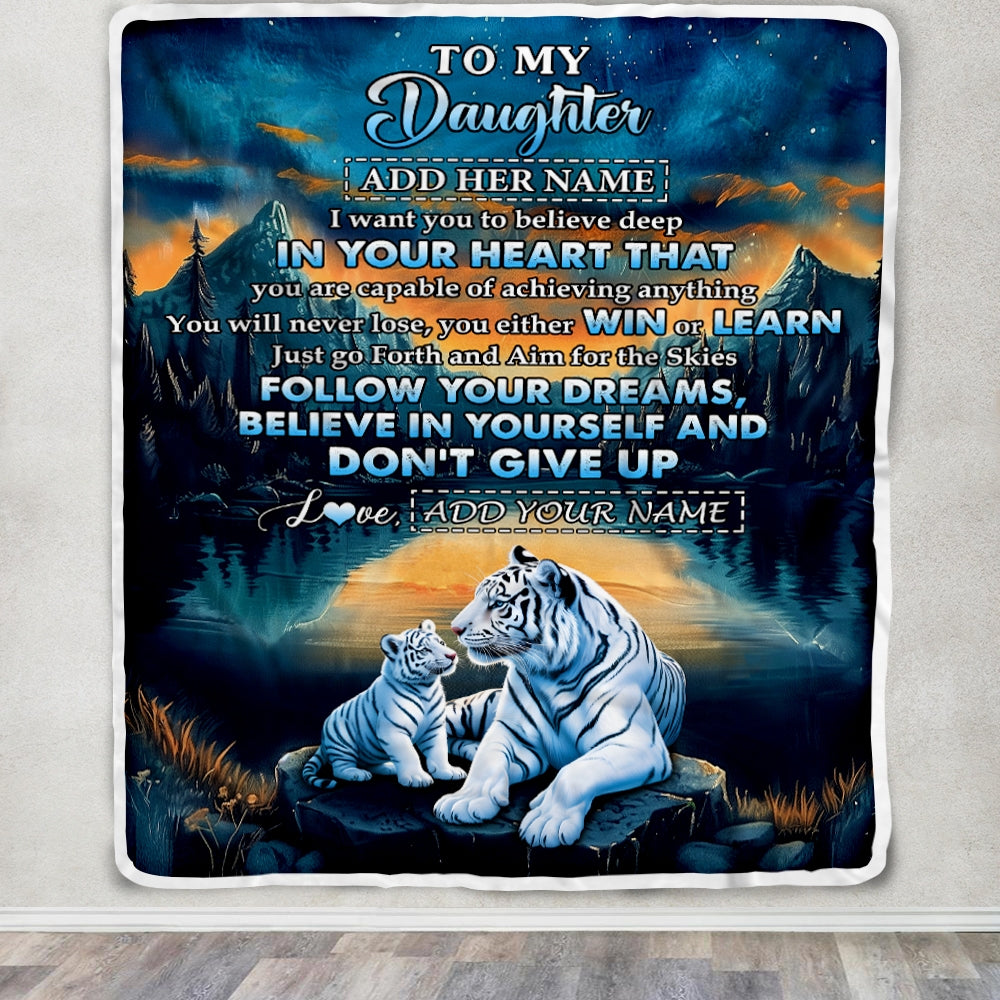 Personalized To My Daughter Gifts From Mom Dad Blanket Don't Give Up White Tiger Gifts For Daughter Birthday Graduation Christmas Customized Fleece Blanket | siriusteestore