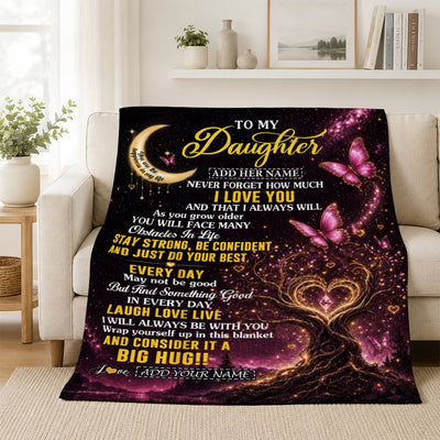 Personalized To My Daughter Gifts From Mom Dad Blanket Purple Galaxy Butterfly Moon Birthday Gifts For Daughter Graduation Christmas Fleece Throw Blanket | siriusteestore