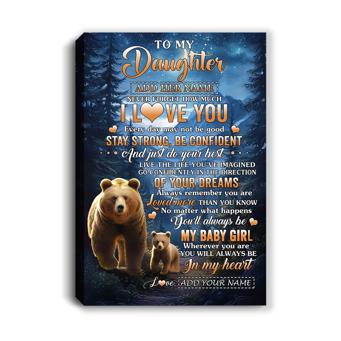 Personalized To My Daughter Gifts From Mom Dad Canvas Bear Never Forget How Much I Love You Daughter Birthday Gifts Graduation Christmas Custom Print Framed Canvas | siriusteestore
