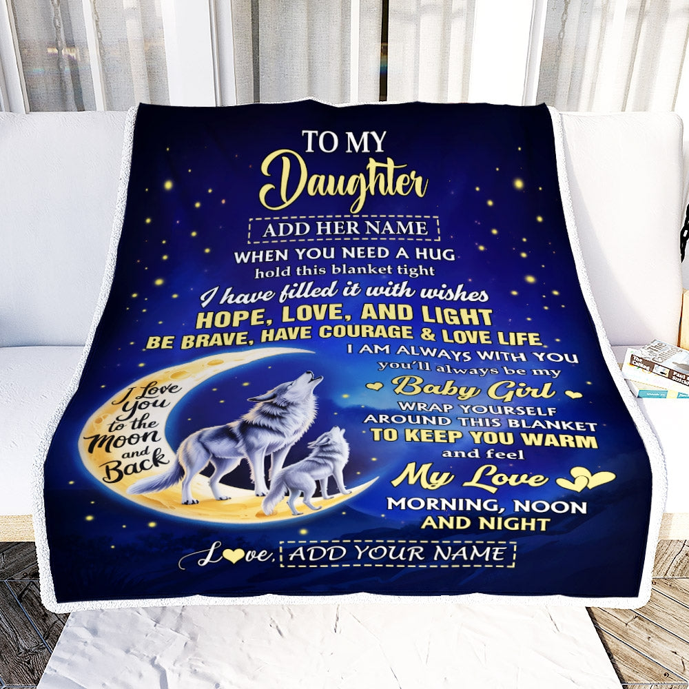 Personalized To My Daughter Gifts From Mom Dad Mother Blanket I Love You Moon And Back Wolf Daughter Birthday Gifts Christmas Graduation Custom Fleece Blanket | siriusteestore