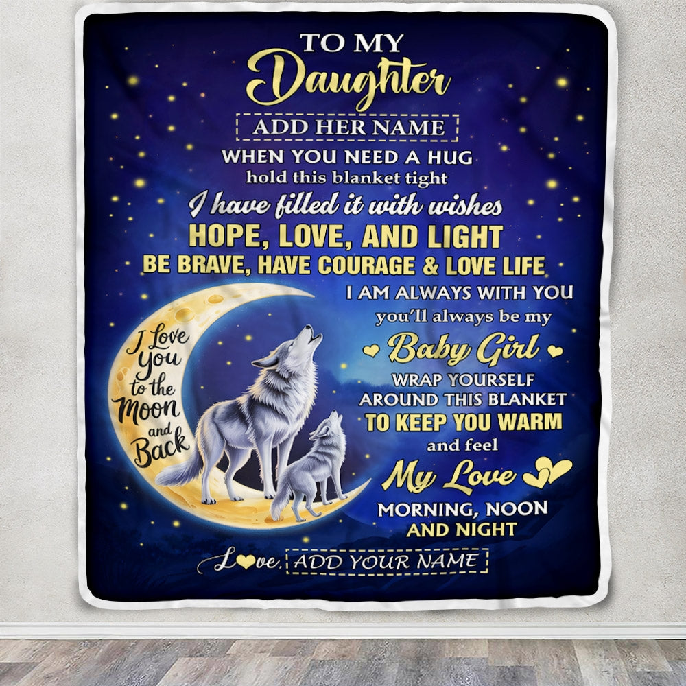 Personalized To My Daughter Gifts From Mom Dad Mother Blanket I Love You Moon And Back Wolf Daughter Birthday Gifts Christmas Graduation Custom Fleece Blanket | siriusteestore
