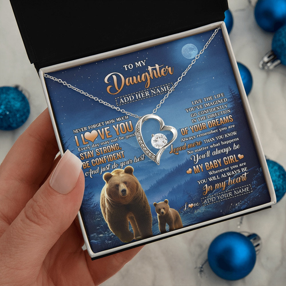 Forever Love Necklace 14K White Gold Finish | 2 | Personalized To My Daughter Gifts From Mom Dad Necklace Bear Never Forget How Much I Love You Daughter Birthday Gifts Christmas Custom Gift Box Message Card | siriusteestore.myshopify