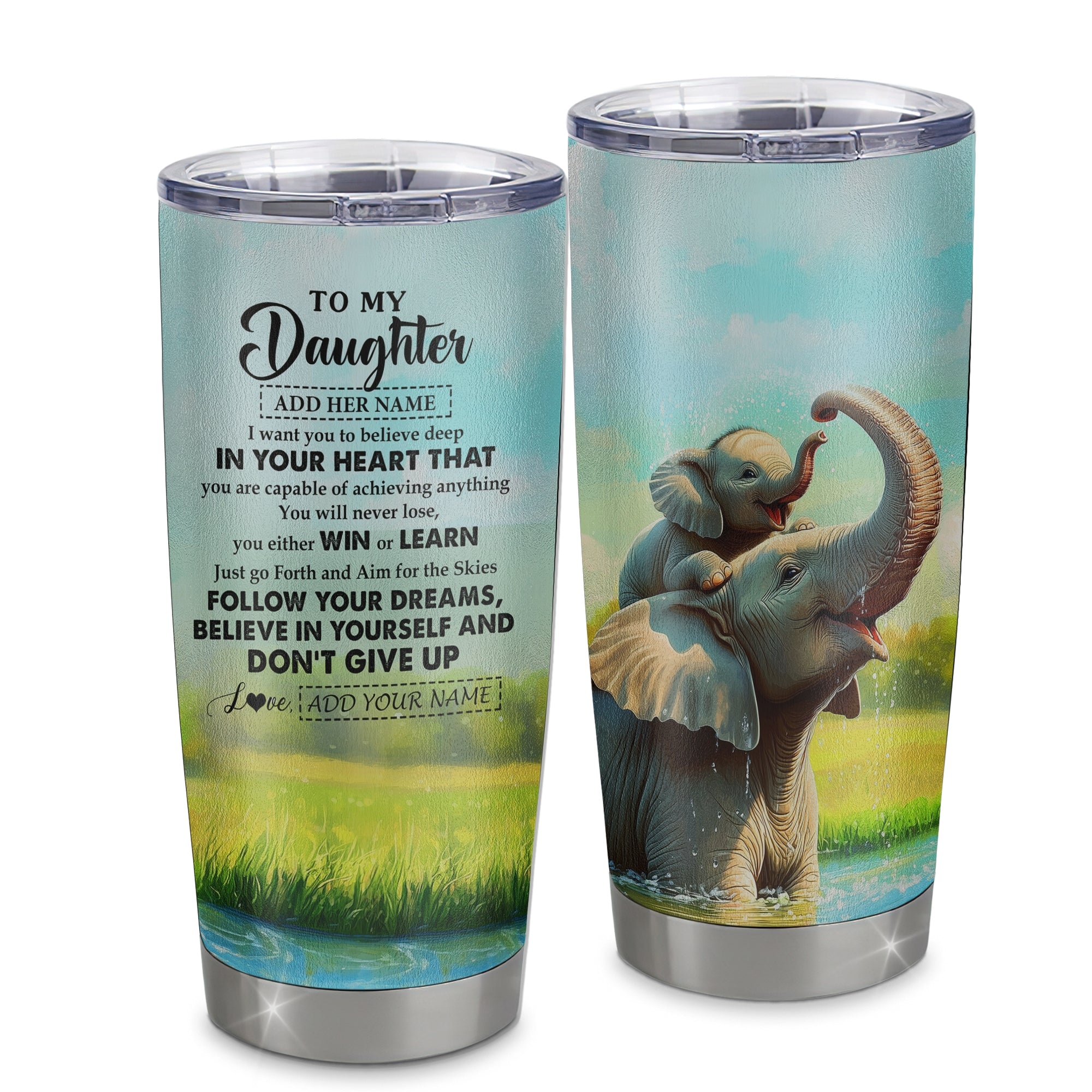 Personalized To My Daughter Gifts From Mom Dad Tumbler Don't Give Up Elephant Gifts For Daughter Birthday Graduation Christmas Custom Stainless Steel Travel Mug | siriusteestore