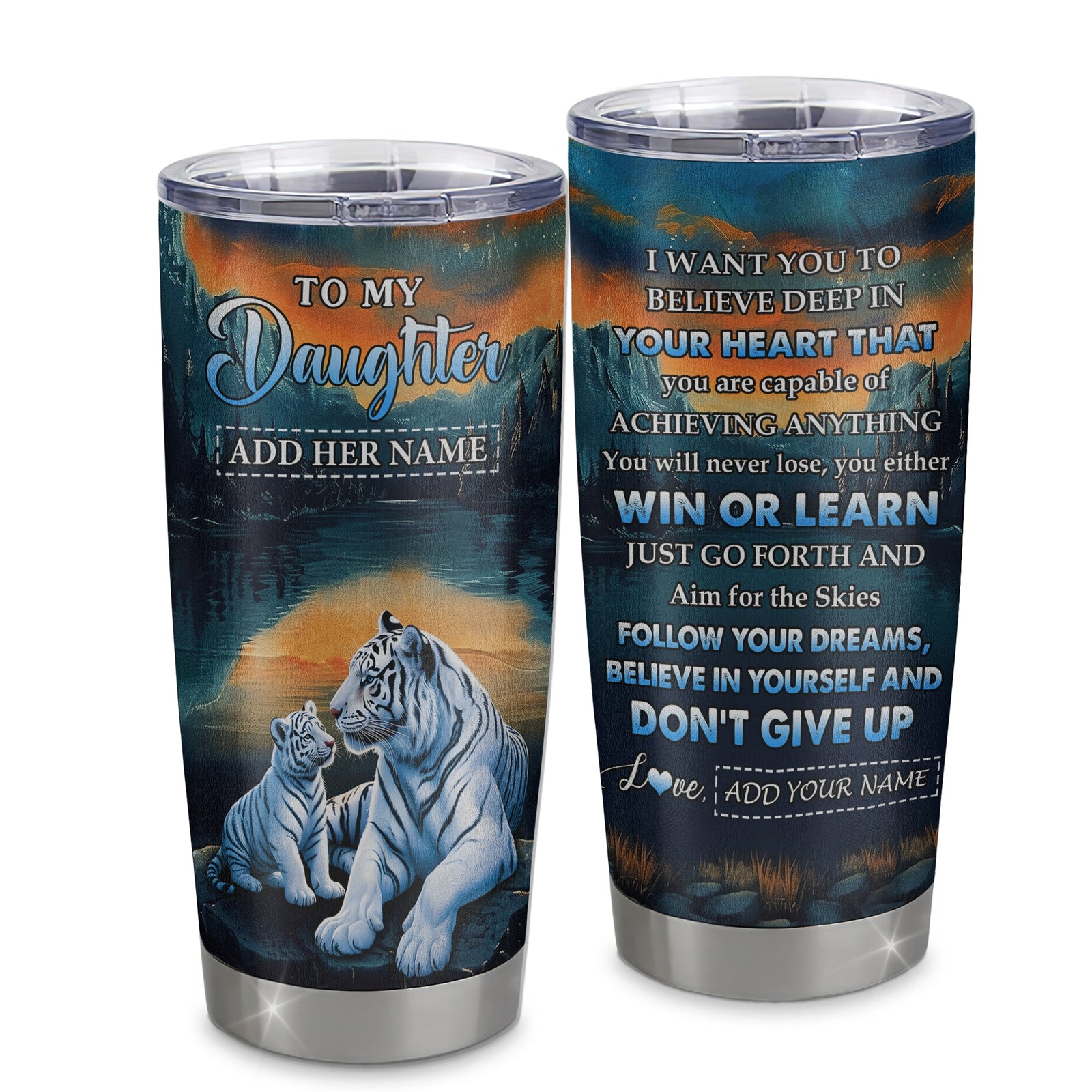 Personalized To My Daughter Gifts From Mom Dad Tumbler Don't Give Up White Tiger Gifts For Daughter Birthday Graduation Christmas Custom Stainless Steel Travel Mug | siriusteestore