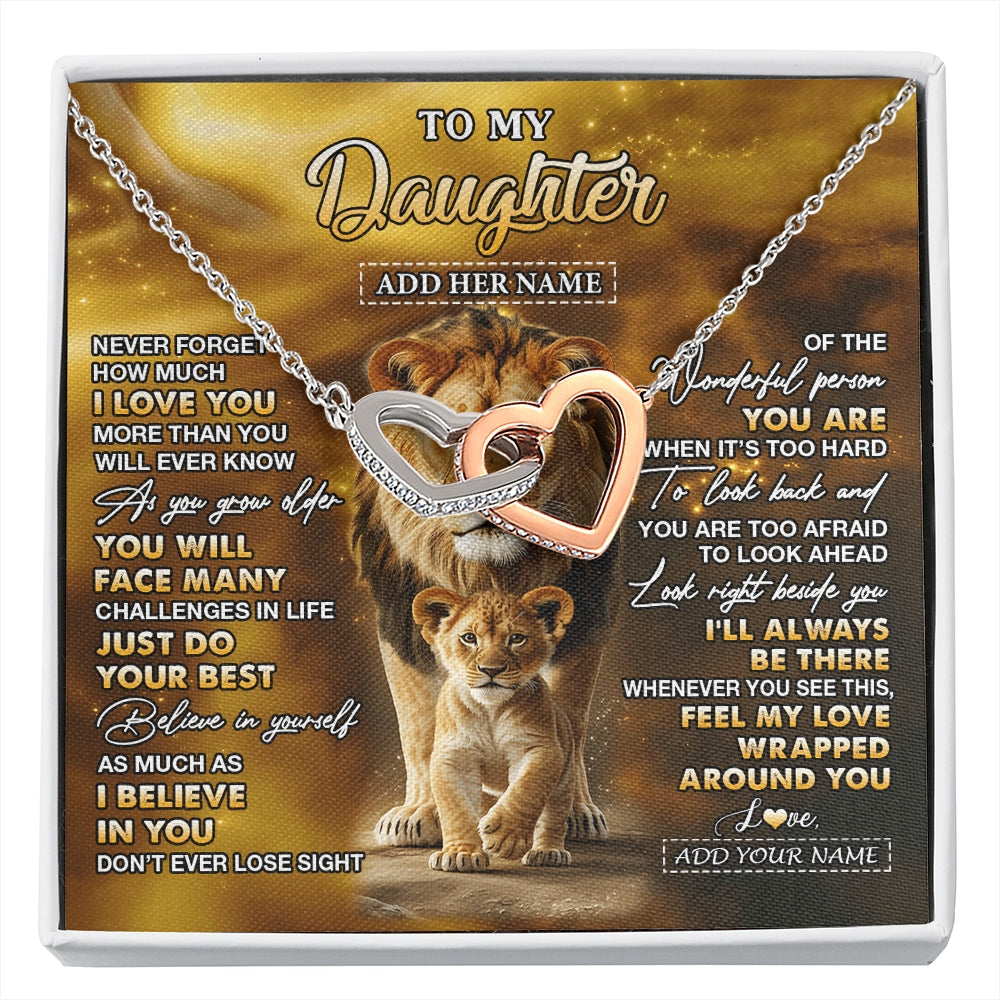 Interlocking Hearts Necklace Stainless Steel & Rose Gold Finish | 1 | Personalized To My Daughter Gifts Necklace From Dad Father Never Forget How Much I Love You Lion Daughter Birthday Gifts Christmas Custom Gift Box Message Card | https://siriusteestore.