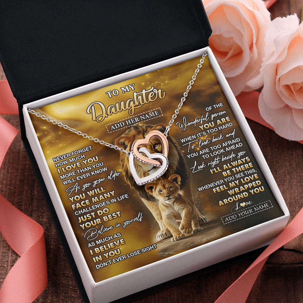 Interlocking Hearts Necklace Stainless Steel & Rose Gold Finish | 2 | Personalized To My Daughter Gifts Necklace From Dad Father Never Forget How Much I Love You Lion Daughter Birthday Gifts Christmas Custom Gift Box Message Card | https://siriusteestore.