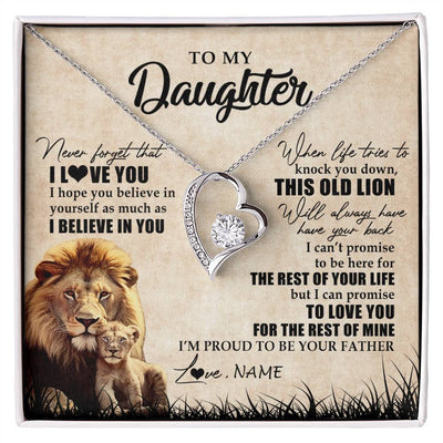 Forever Love Necklace 14K White Gold Finish | Personalized To My Daughter Gifts Necklace From Dad Father Old Lion Daughter Jewelry Birthday Gifts Graduation Christmas Customized Gift Box Message Card | siriusteestore