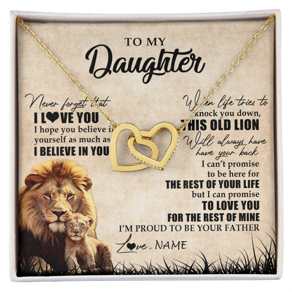 Interlocking Hearts Necklace 18K Yellow Gold Finish | Personalized To My Daughter Gifts Necklace From Dad Father Old Lion Daughter Jewelry Birthday Gifts Graduation Christmas Customized Gift Box Message Card | siriusteestore