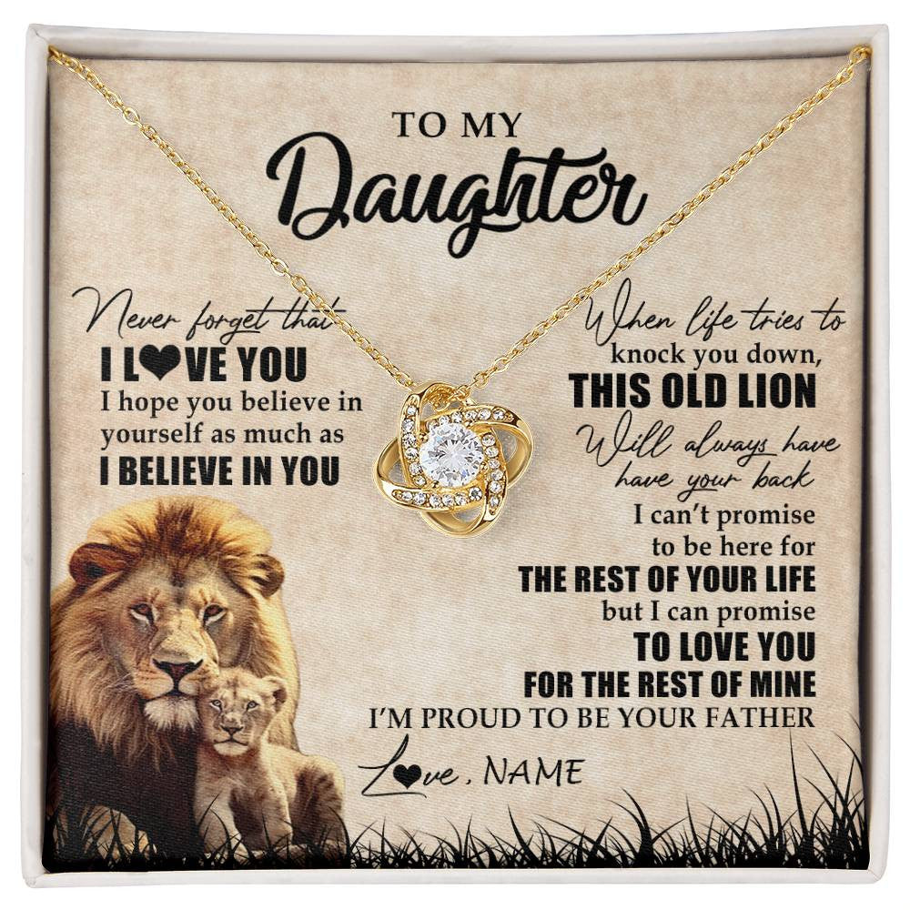Love Knot Necklace 18K Yellow Gold Finish | Personalized To My Daughter Gifts Necklace From Dad Father Old Lion Daughter Jewelry Birthday Gifts Graduation Christmas Customized Gift Box Message Card | siriusteestore