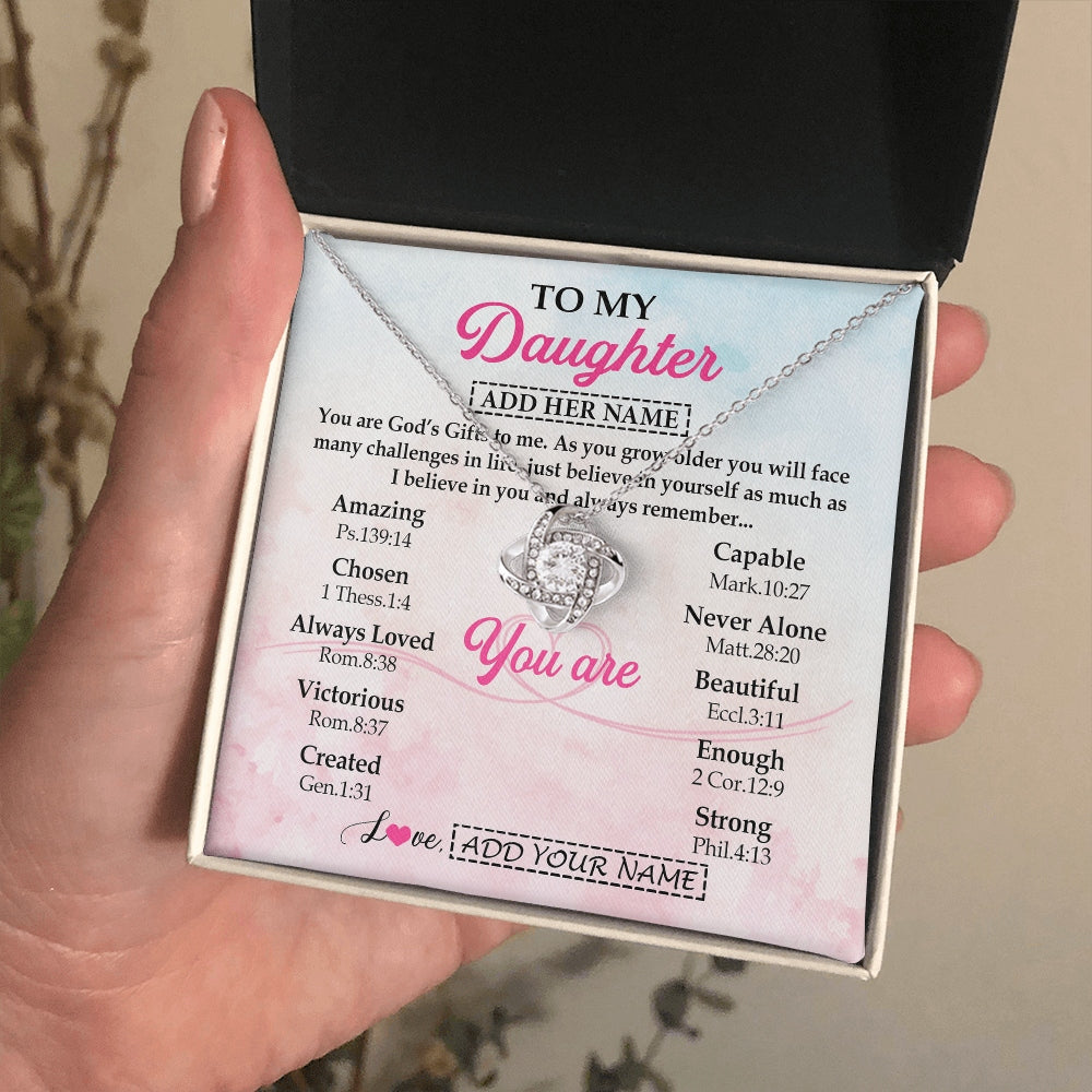 Love Knot Necklace 14K White Gold Finish | 2 | Personalized To My Daughter Gifts Necklace From Mom Christian Religious Jewelry Gifts For Daughter Birthday Graduation Christmas Custom Gift Box Message Card | https://siriusteestore.