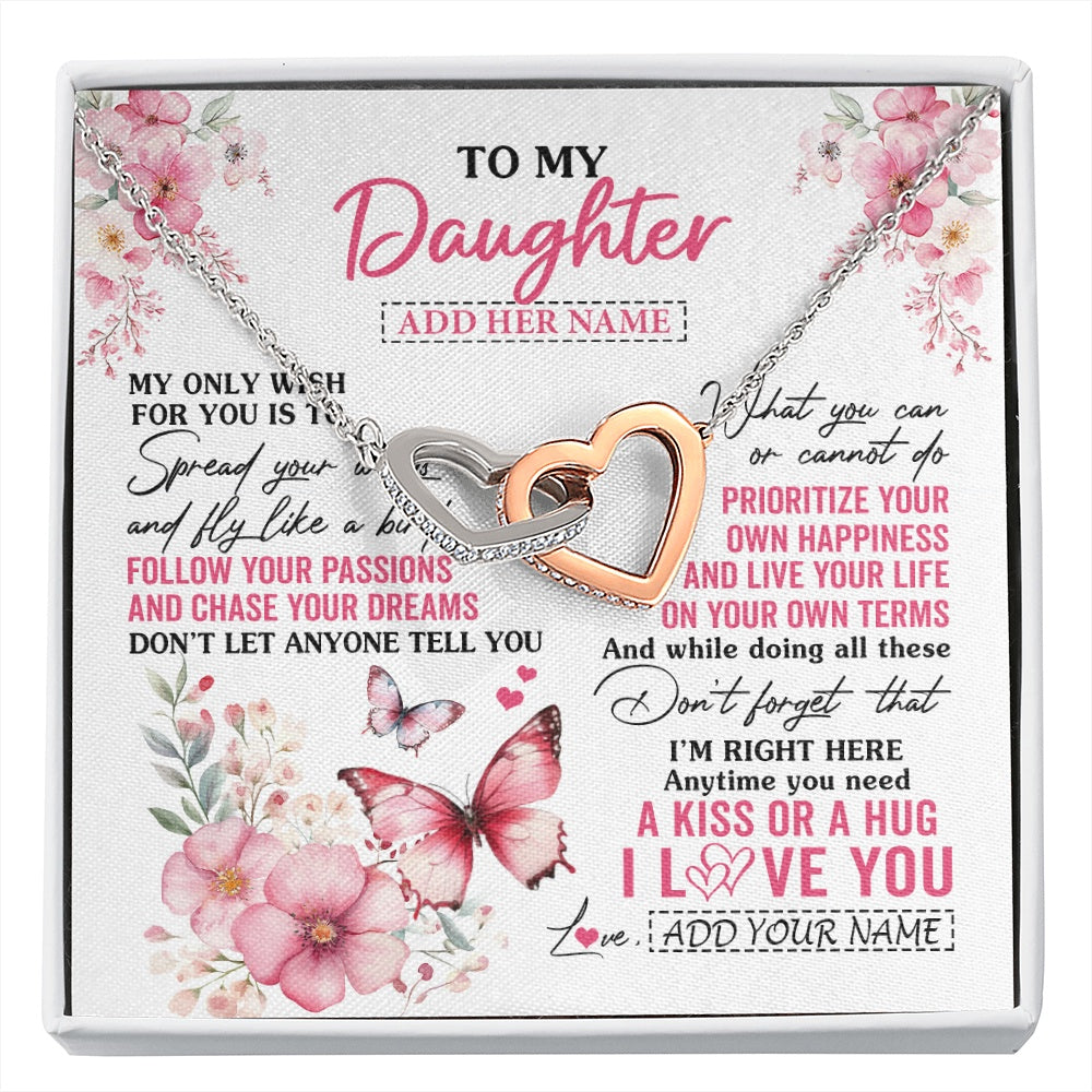 Interlocking Hearts Necklace Stainless Steel & Rose Gold Finish | 1 | Personalized To My Daughter Gifts Necklace From Mom Dad Butterfly My Only Wish For You Daughter Birthday Gifts Graduation Christmas Gift Box Message Card | siriusteestore.myshopify