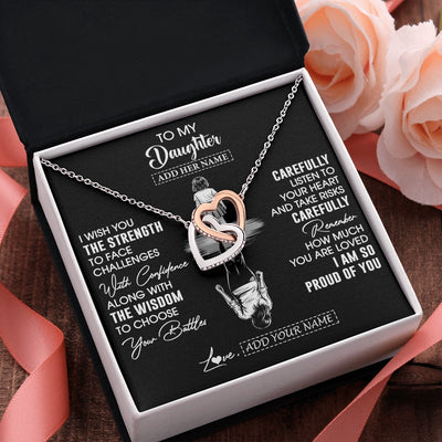 Interlocking Hearts Necklace Stainless Steel & Rose Gold Finish | 2 | Personalized To My Daughter Gifts Necklace From Mom Dad I Wish You The Strength Daughter Birthday Gifts Christmas Graduation Custom Gift Box Message Card | https://siriusteestore.