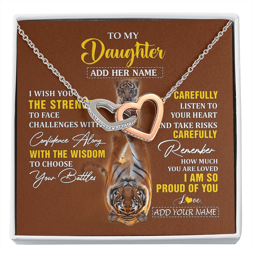 Interlocking Hearts Necklace Stainless Steel & Rose Gold Finish | 1 | Personalized To My Daughter Gifts Necklace From Mom Dad I Wish You The Strength Tiger Daughter Birthday Gifts Christmas Graduation Custom Gift Box Message Card | https://siriusteestore.