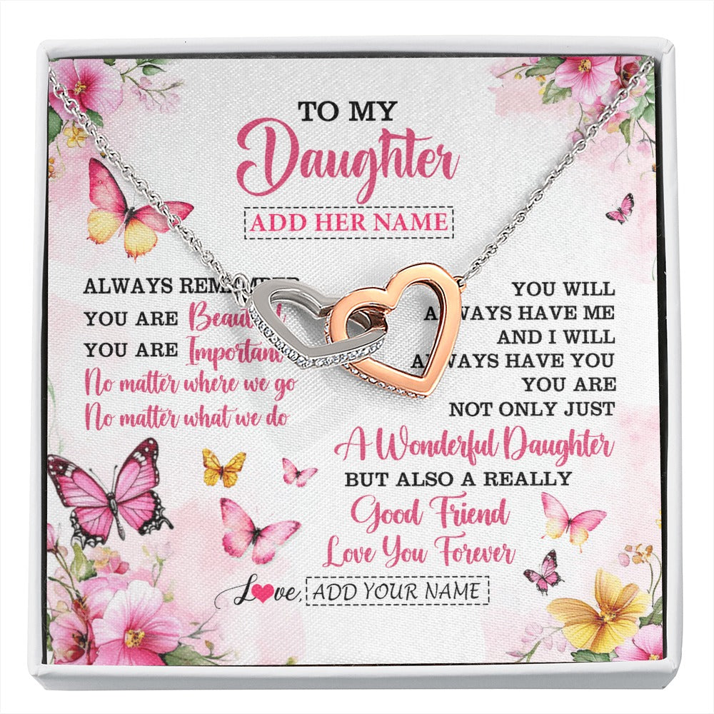 Interlocking Hearts Necklace Stainless Steel & Rose Gold Finish | 1 | Personalized To My Daughter Gifts Necklace From Mom Dad Mother Father You Are Beautiful Birthday Gifts For Daughter Graduation Christmas Gift Box Message Card | https://siriusteestore.
