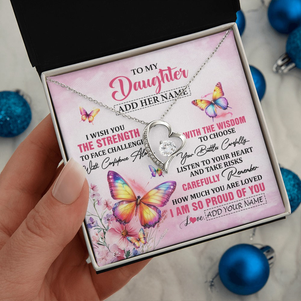 Forever Love Necklace 14K White Gold Finish | 2 | Personalized To My Daughter Gifts Necklace From Mom Dad Mother I Wish You The Strength Butterfly Daughter Birthday Christmas Custom Gift Box Message Card | https://siriusteestore.
