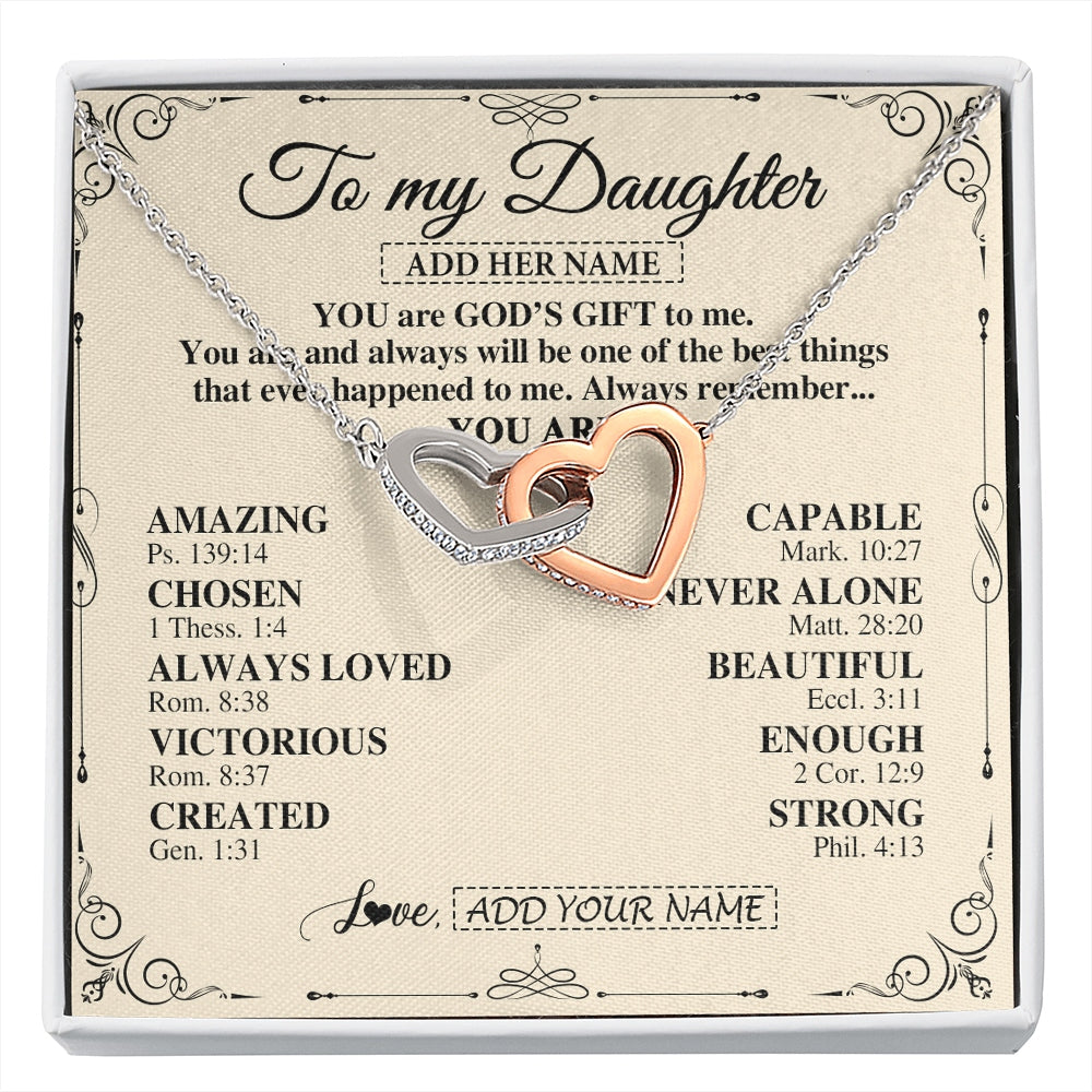 Interlocking Hearts Necklace Stainless Steel & Rose Gold Finish | 1 | Personalized To My Daughter Gifts Necklace From Mom Dad You Are God's Gift To Me Daughter Birthday Gifts Christmas Christian Custom Gift Box Message Card | https://siriusteestore.