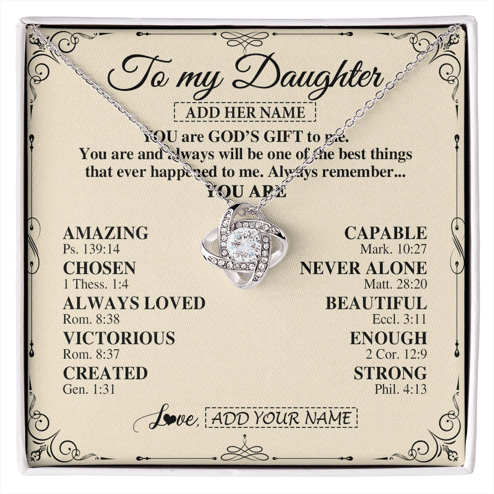 Love Knot Necklace 14K White Gold Finish | 1 | Personalized To My Daughter Gifts Necklace From Mom Dad You Are God's Gift To Me Daughter Birthday Gifts Christmas Christian Custom Gift Box Message Card | https://siriusteestore.