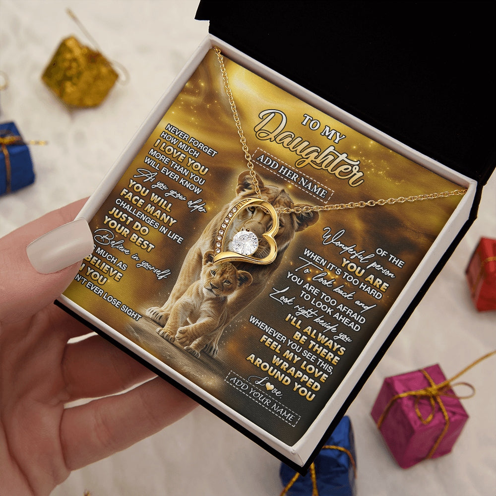 Forever Love Necklace 18K Yellow Gold Finish | 2 | Personalized To My Daughter Gifts Necklace From Mom Mother Never Forget How Much I Love You Lion Daughter Birthday Gifts Christmas Custom Gift Box Message Card | https://siriusteestore.