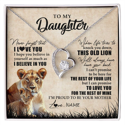 Forever Love Necklace 14K White Gold Finish | Personalized To My Daughter Gifts Necklace From Mom Mother Old Lion Daughter Jewelry Birthday Gifts Graduation Christmas Customized Gift Box Message Card | siriusteestore