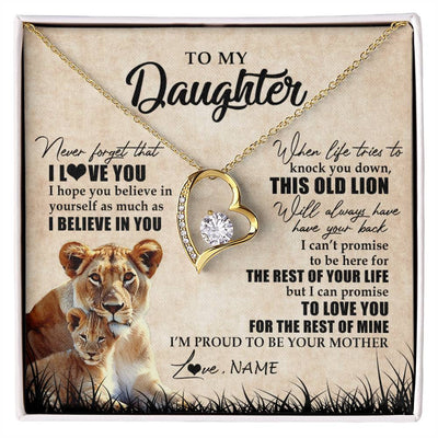 Forever Love Necklace 18K Yellow Gold Finish | Personalized To My Daughter Gifts Necklace From Mom Mother Old Lion Daughter Jewelry Birthday Gifts Graduation Christmas Customized Gift Box Message Card | siriusteestore