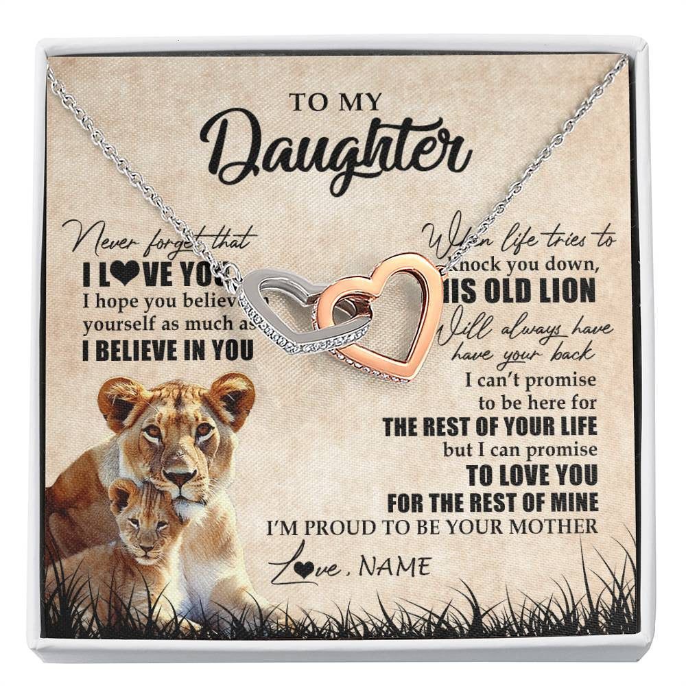 Interlocking Hearts Necklace Stainless Steel & Rose Gold Finish | Personalized To My Daughter Gifts Necklace From Mom Mother Old Lion Daughter Jewelry Birthday Gifts Graduation Christmas Customized Gift Box Message Card | siriusteestore