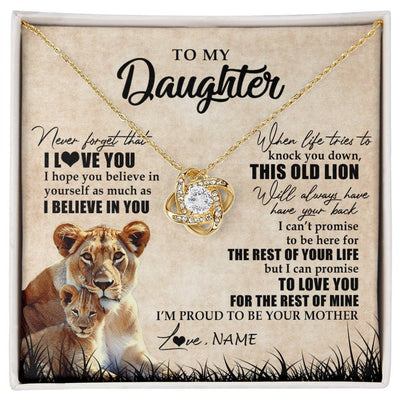 Love Knot Necklace 18K Yellow Gold Finish | Personalized To My Daughter Gifts Necklace From Mom Mother Old Lion Daughter Jewelry Birthday Gifts Graduation Christmas Customized Gift Box Message Card | siriusteestore