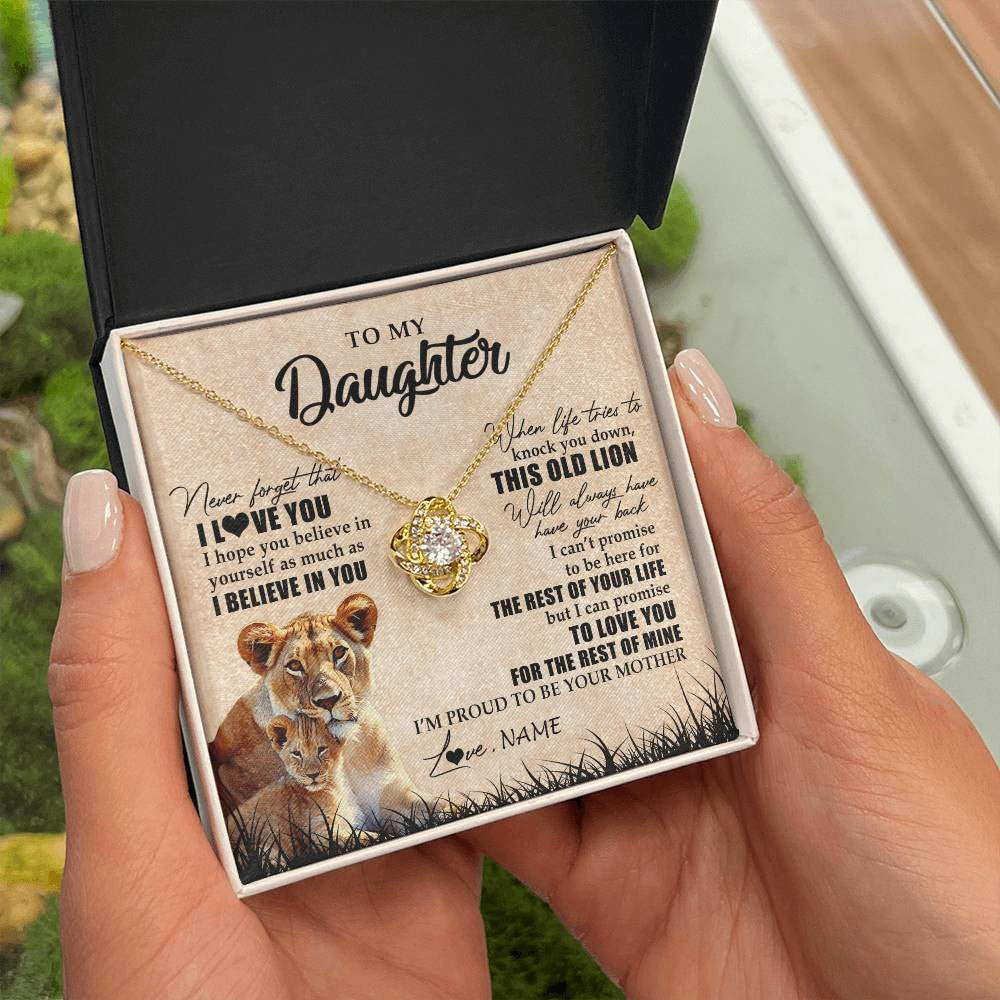Love Knot Necklace 18K Yellow Gold Finish | Personalized To My Daughter Gifts Necklace From Mom Mother Old Lion Daughter Jewelry Birthday Gifts Graduation Christmas Customized Gift Box Message Card | siriusteestore