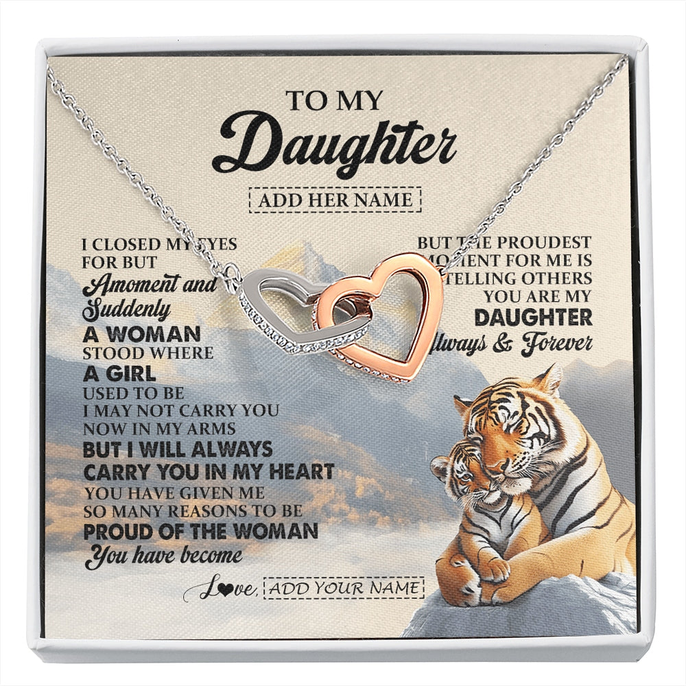 Interlocking Hearts Necklace Stainless Steel & Rose Gold Finish | 1 | Personalized To My Daughter Gifts Necklace Tiger From Mom Dad Mother You Are My Daughter Birthday Gifts Graduation Christmas Custom Gift Box Message Card | https://siriusteestore.