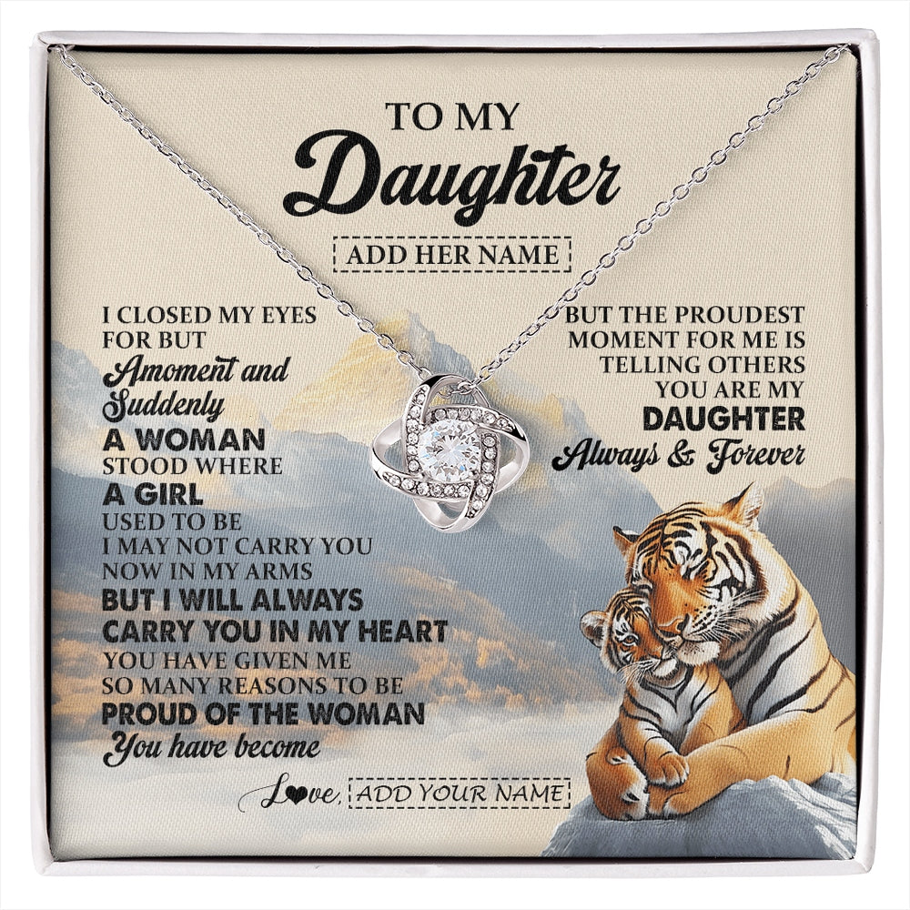 Love Knot Necklace 14K White Gold Finish | 1 | Personalized To My Daughter Gifts Necklace Tiger From Mom Dad Mother You Are My Daughter Birthday Gifts Graduation Christmas Custom Gift Box Message Card | https://siriusteestore.