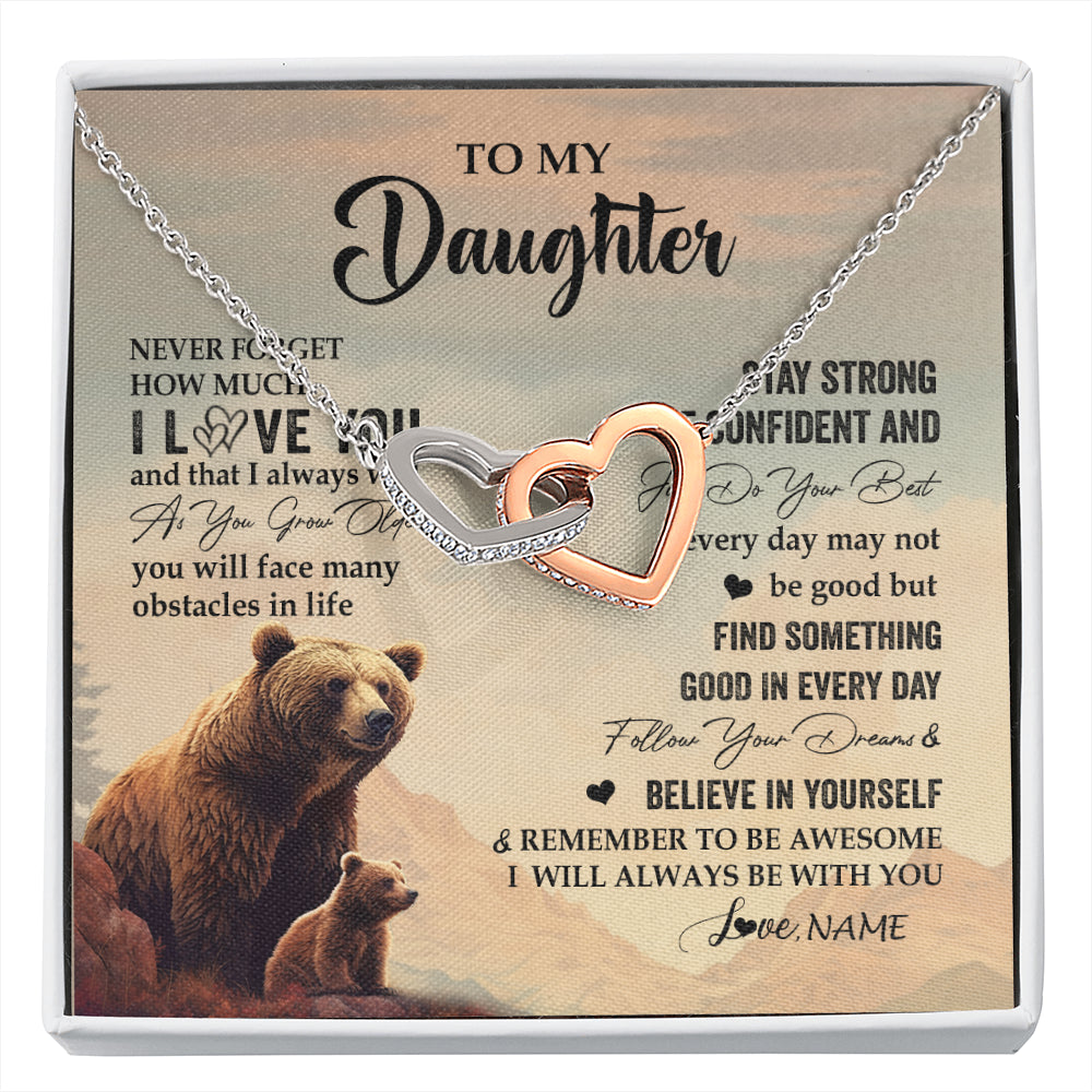 Interlocking Hearts Necklace Stainless Steel & Rose Gold Finish | 1 | Personalized To My Daughter I Love You Forever Necklace From Mom Dad Mother Bear Daughter Birthday Gifts Graduation Christmas Customized Gift Box Message Card | siriusteestore