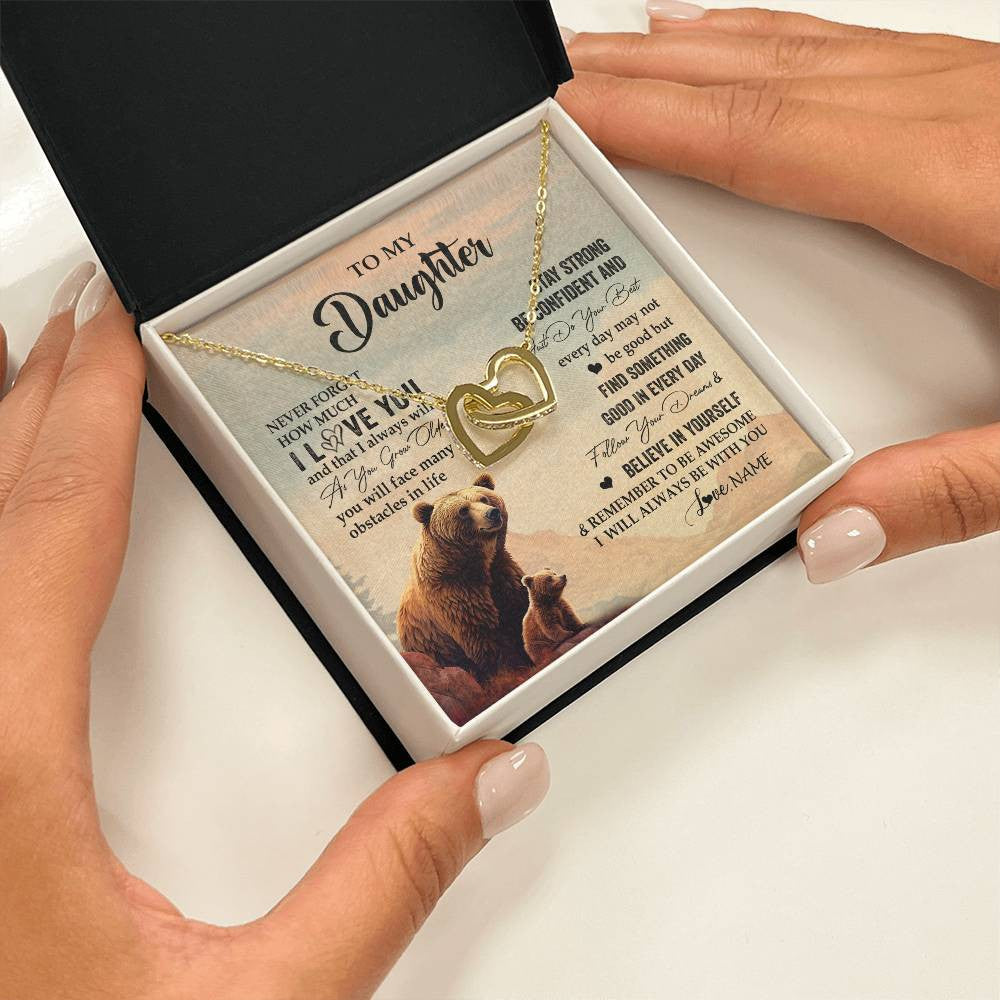 Interlocking Hearts Necklace 18K Yellow Gold Finish | 2 | Personalized To My Daughter I Love You Forever Necklace From Mom Dad Mother Bear Daughter Birthday Gifts Graduation Christmas Customized Gift Box Message Card | siriusteestore