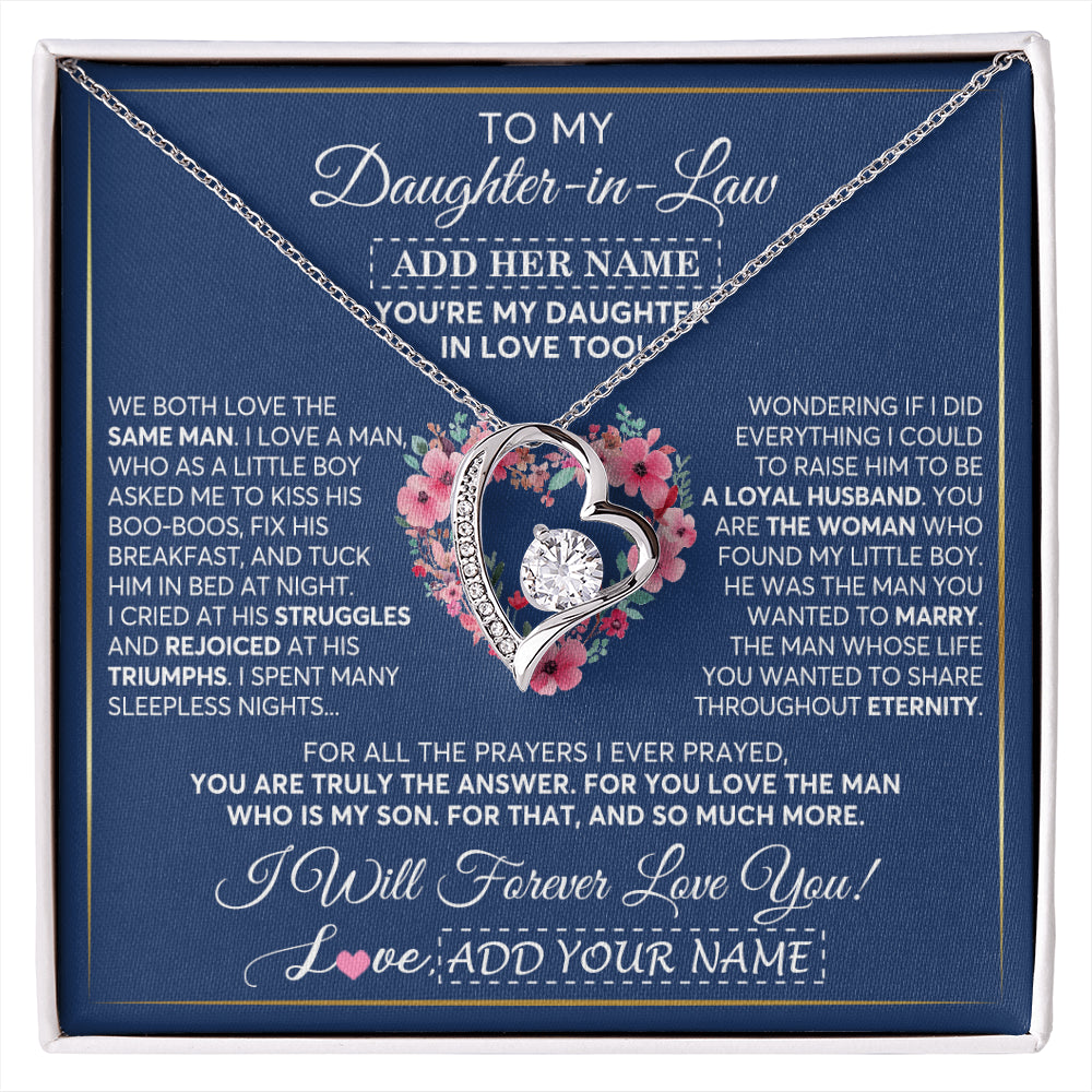 Forever Love Necklace 14K White Gold Finish | 1 | Personalized To My Daughter In Law Gifts Necklace From Mother In Law Bonus Daughter In Law Honor Pendant Jewelry Birthday Customized Gift Box Message Card | siriusteestore