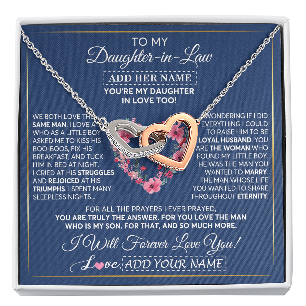 Interlocking Hearts Necklace Stainless Steel & Rose Gold Finish | 1 | Personalized To My Daughter In Law Gifts Necklace From Mother In Law Bonus Daughter In Law Honor Pendant Jewelry Birthday Customized Gift Box Message Card | siriusteestore