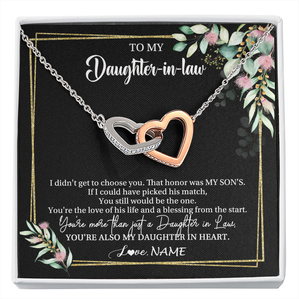Interlocking Hearts Necklace Stainless Steel & Rose Gold Finish | 1 | Personalized To My Daughter In Law Necklace Gift From Mother In Law Honor Pendant Jewelry Daughter In Law Birthday Christmas Customized Gift Box Message Card | siriusteestore