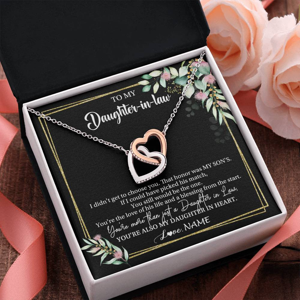 Interlocking Hearts Necklace Stainless Steel & Rose Gold Finish | 2 | Personalized To My Daughter In Law Necklace Gift From Mother In Law Honor Pendant Jewelry Daughter In Law Birthday Christmas Customized Gift Box Message Card | siriusteestore