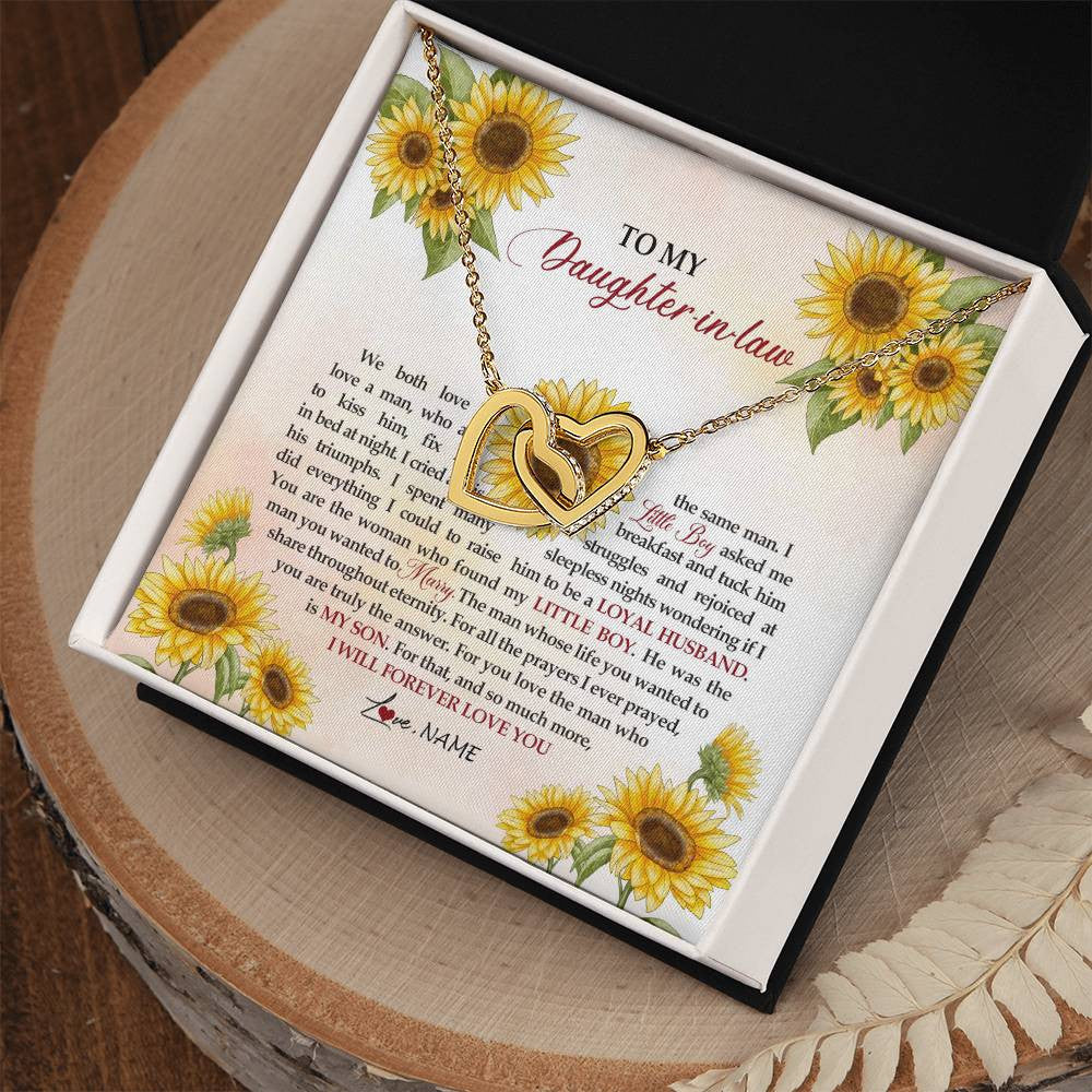 Interlocking Hearts Necklace 18K Yellow Gold Finish | Personalized To My Daughter In Law Necklace from Mother In Law I Will Forever Love You Daughter In Law Jewelry Birthday Wedding Day Customized Message Card | siriusteestore