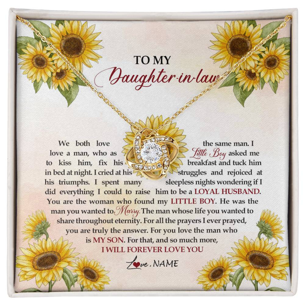 Love Knot Necklace 18K Yellow Gold Finish | Personalized To My Daughter In Law Necklace from Mother In Law I Will Forever Love You Daughter In Law Jewelry Birthday Wedding Day Customized Message Card | siriusteestore