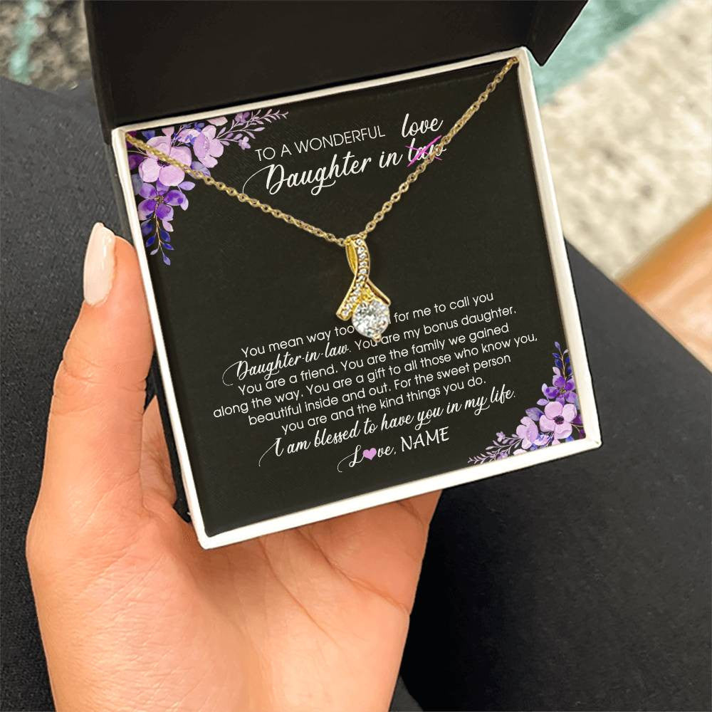 Alluring Beauty Necklace 18K Yellow Gold Finish | Personalized To My Daughter In Law Necklace from Mother In Law You Are My Bonus Daughter Jewelry Birthday Wedding Day Christmas Customized Message Card | siriusteestore