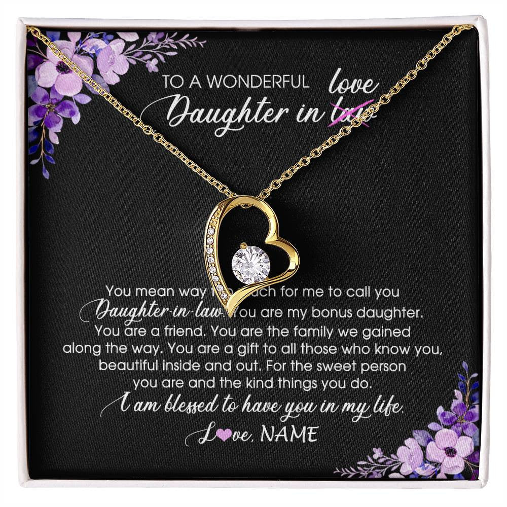 Forever Love Necklace 18K Yellow Gold Finish | Personalized To My Daughter In Law Necklace from Mother In Law You Are My Bonus Daughter Jewelry Birthday Wedding Day Christmas Customized Message Card | siriusteestore