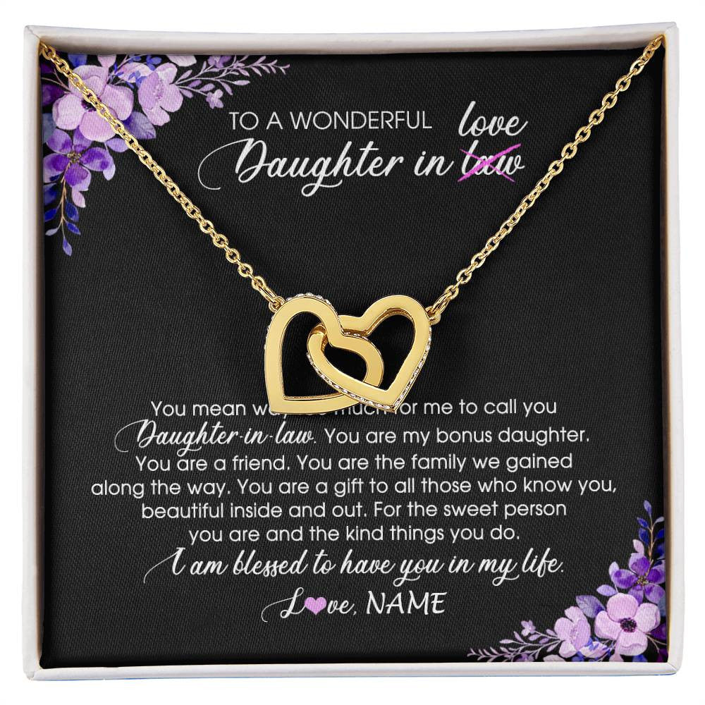 Interlocking Hearts Necklace 18K Yellow Gold Finish | Personalized To My Daughter In Law Necklace from Mother In Law You Are My Bonus Daughter Jewelry Birthday Wedding Day Christmas Customized Message Card | siriusteestore